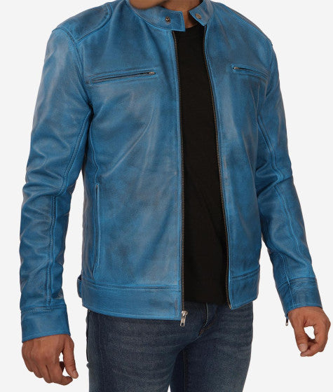 Men's fashion: blue lambskin cafe racer jacket in USA