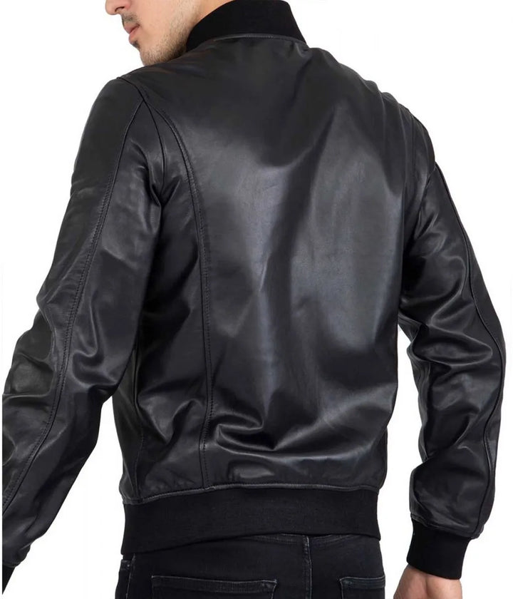 Back  View Men’s Casual Bomber Real Black Leather Jacket