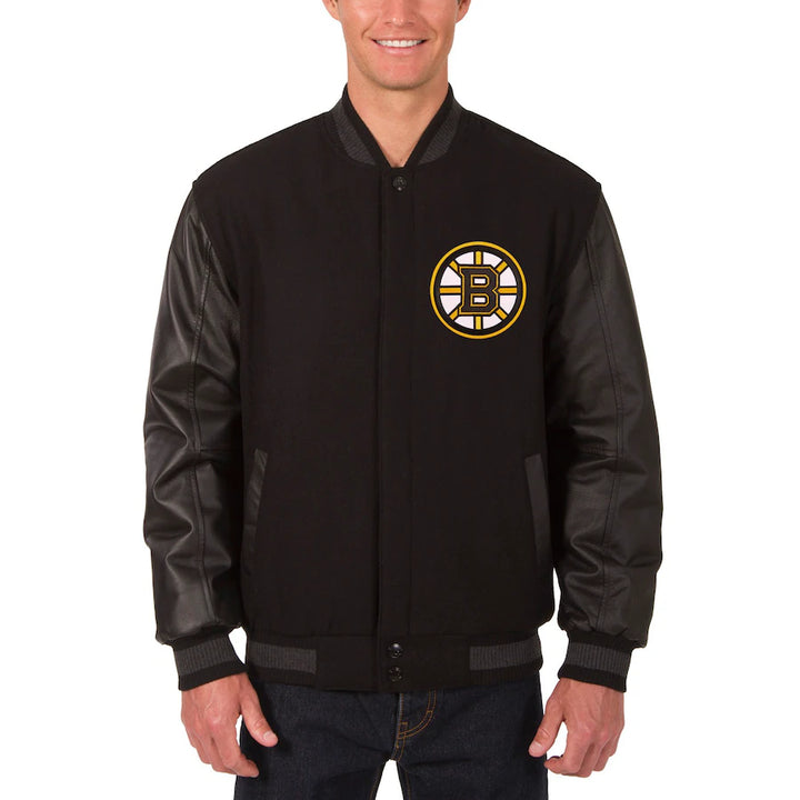 mens boston bruins two hit wool body leather sleeve varsity jacket in USA