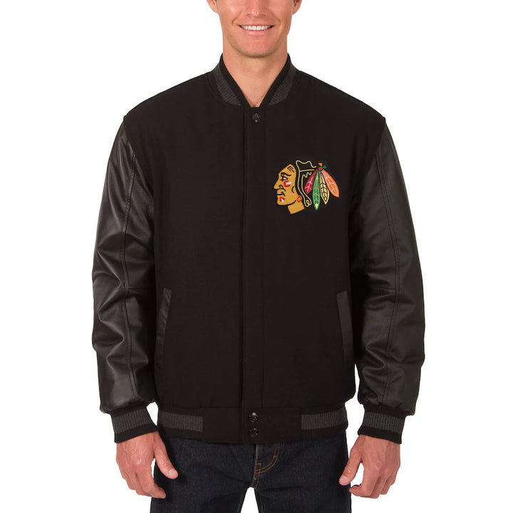 mens chicago blackhawks two hit wool body leather sleeve varsity jacket in USA