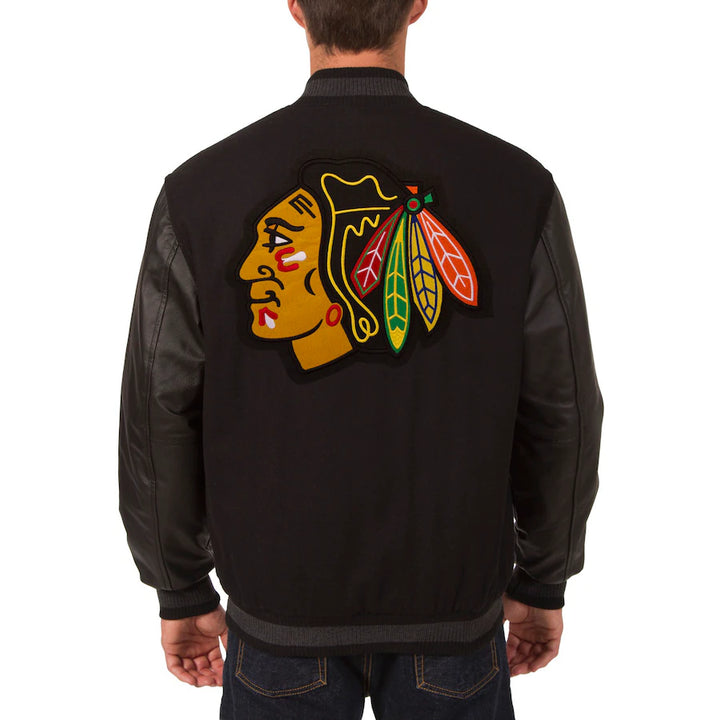 reversible blackhawks jacket with wool torso and leather sleeves in USA