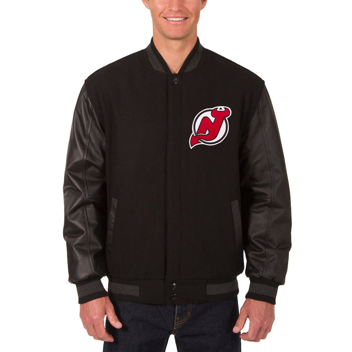 mens new jersey devils two hit wool body leather sleeve varsity jacket in USA