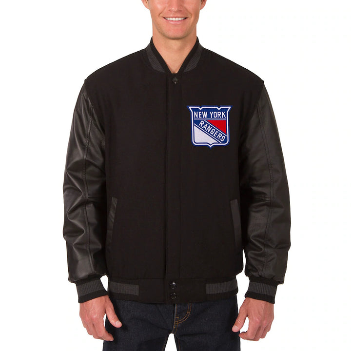 new york rangers two hit varsity jacket front view in USA