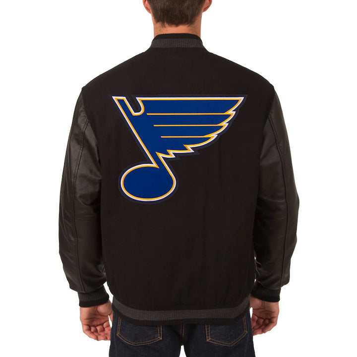 reversible blues team jacket with wool torso and leather sleeves in USA