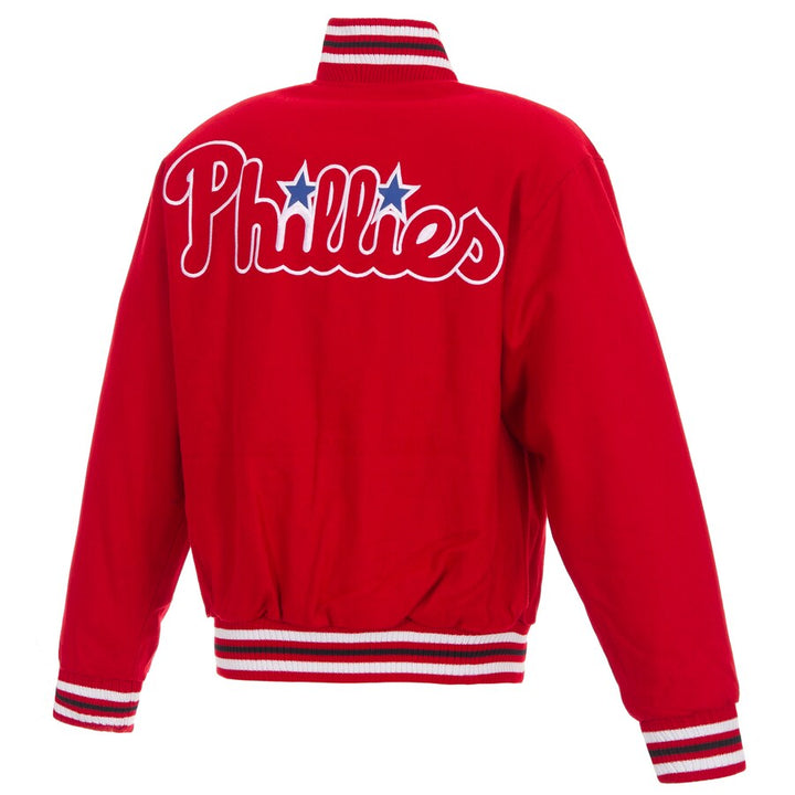 mens phillies full‑snap wool varsity jacket with team logo in USA