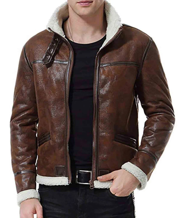 Front View Men’s Biker Shearling Bomber Distressed Brown Leather Jacket