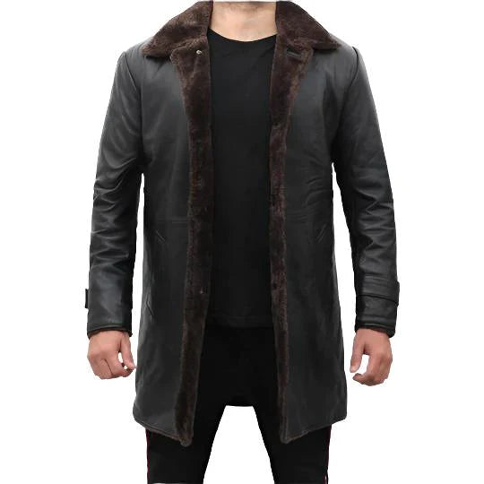 Shop Mens Shearling Lined Black Leather Trench Coat