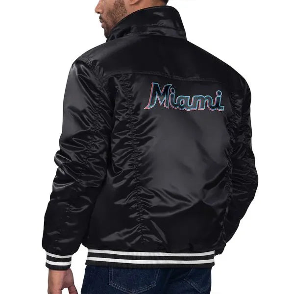 Satin Miami Marlins trucker jacket with quilted lining in USA