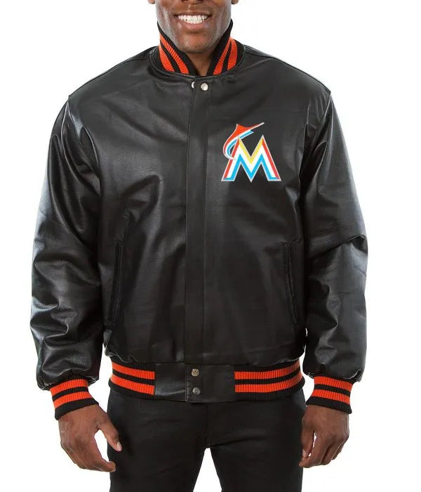 Miami Marlins black leather varsity jacket in USA