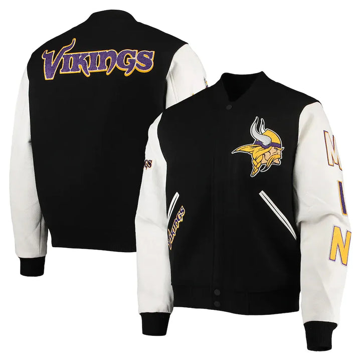 Minnesota Vikings varsity jacket black and white leather sleeves

