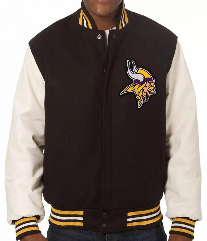 Minnesota Vikings varsity jacket black and white front view

