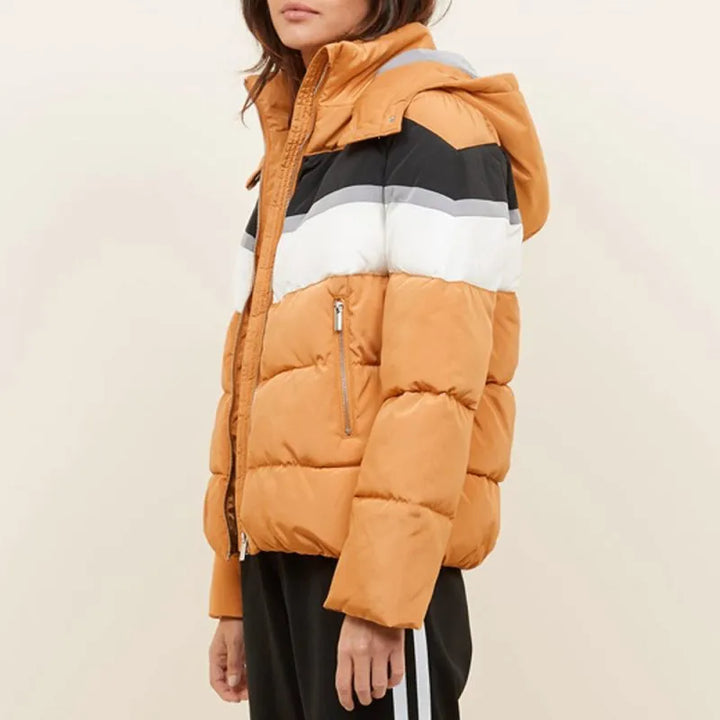 Mirren Mack style puffer coat with front zip and cozy hood in USA