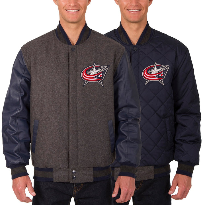 columbus blue jackets reversible wool and leather two hit jacket in USA