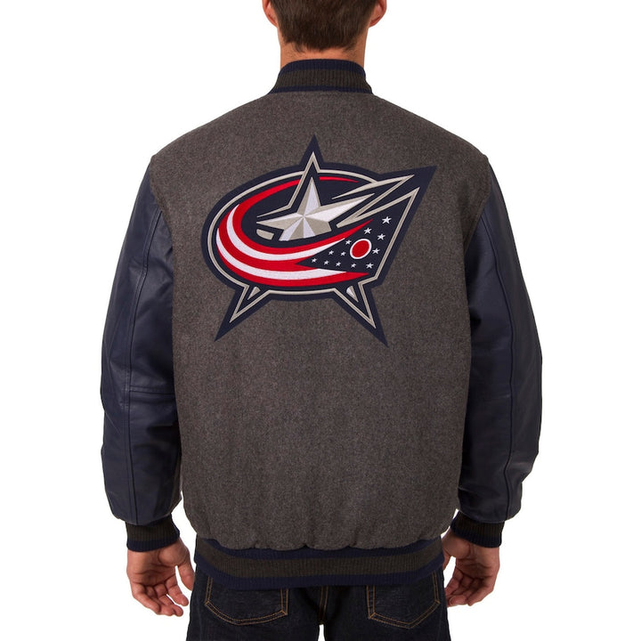 reversible cbj varsity jacket with wool torso and leather sleeves in USA