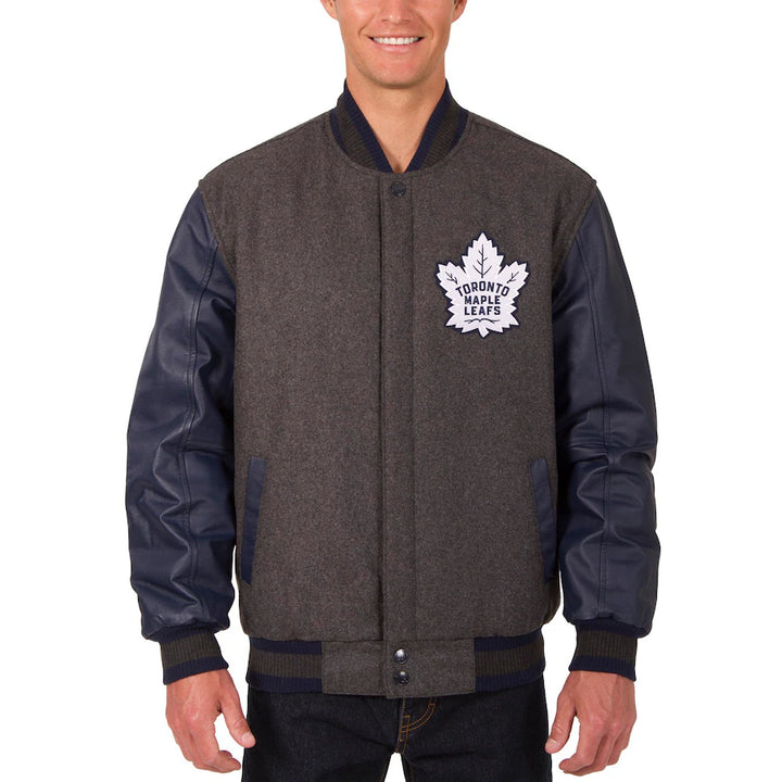 mens toronto maple leafs two hit wool body leather sleeve varsity jacket in USA