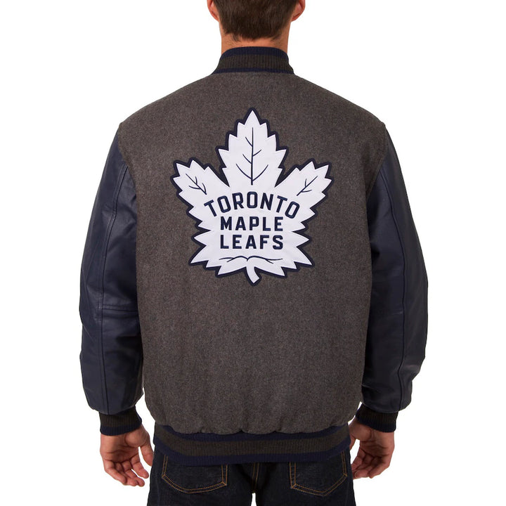 reversible maple leafs jacket with wool torso and leather sleeves in USA