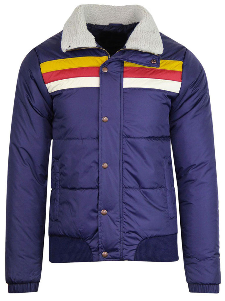 Bomber style winter jacket for men with retro ski look and faux fur collar in USA