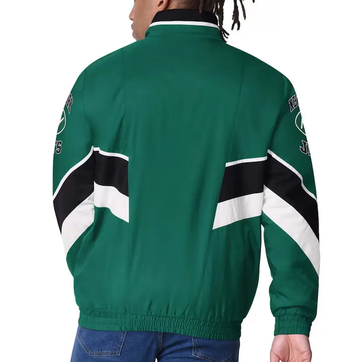Front view of Jets insulated green jacket

