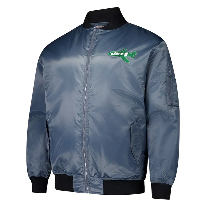 New York Jets charcoal bomber jacket front view

