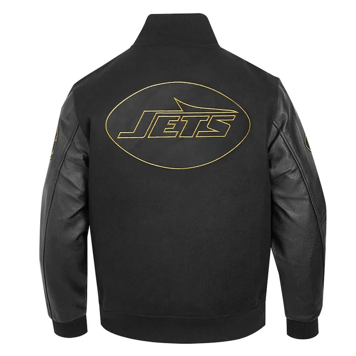 Black wool and leather Jets varsity jacket

