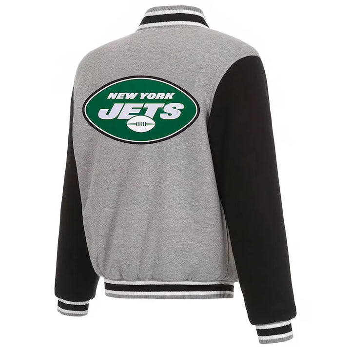 Gray wool varsity jacket with black sleeves

