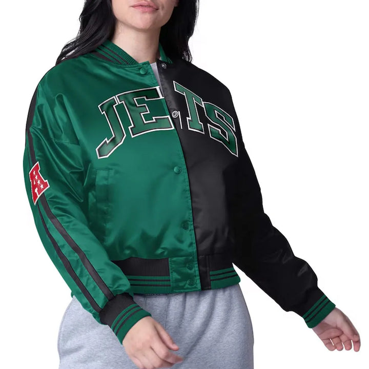 New York Jets Zone Blitz cropped satin jacket front view

