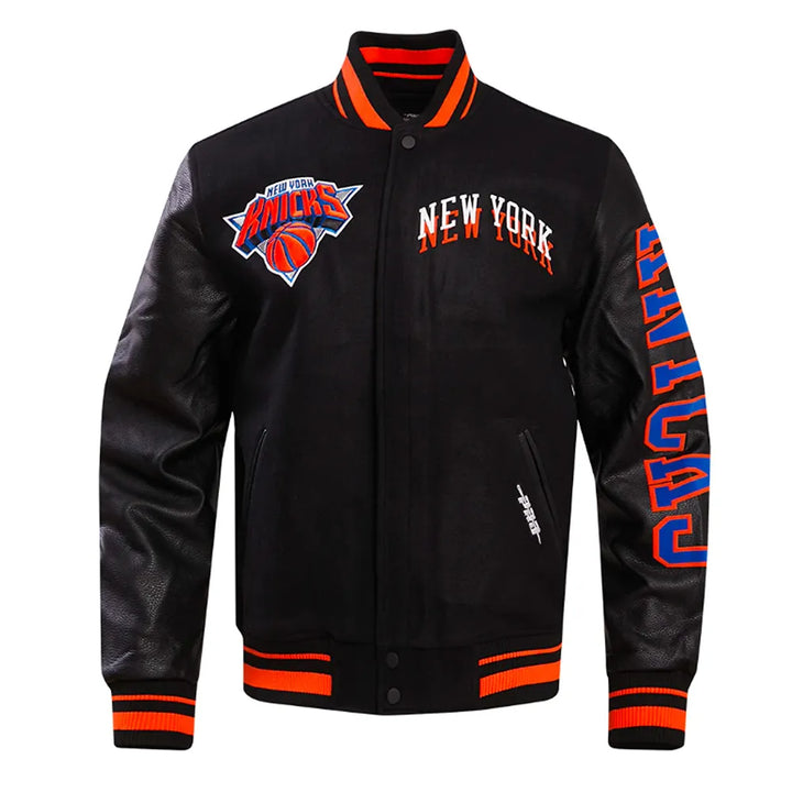 Front View NFL NY Knicks Chest Layered Classic Rib Varsity Jacket