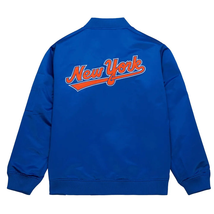 Royal blue Mets bomber jacket with retro logo

