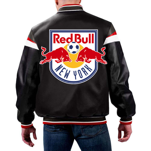 MLS New York Red Bulls leather jacket front view in USA