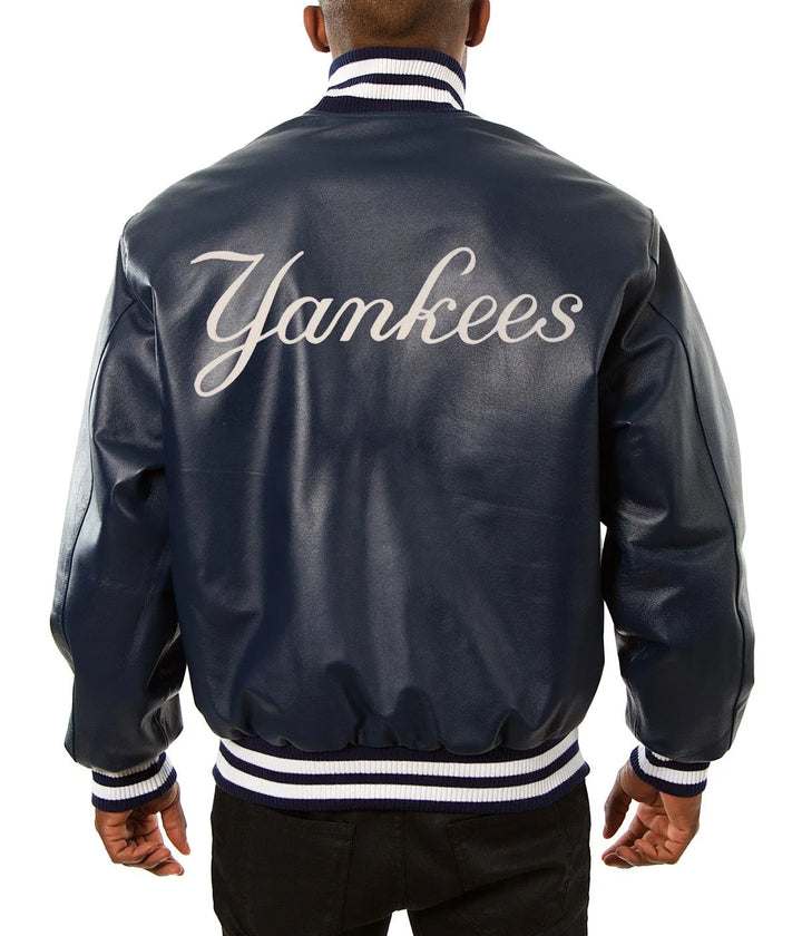 Classic New York Yankees Bomber Jacket in Navy Leather in France style