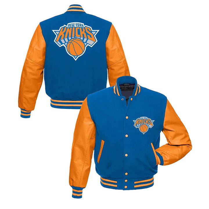 front view NY Knicks Blue Varsity Jacket