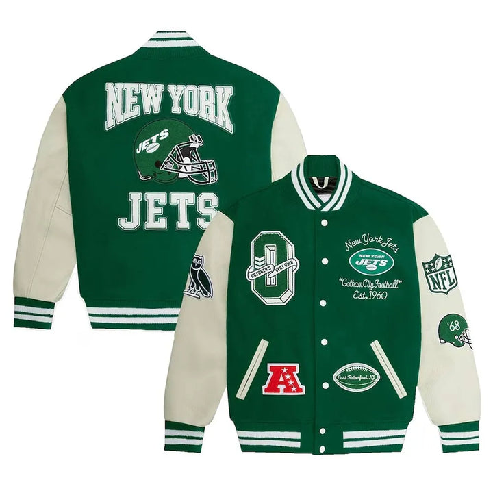 Green varsity jacket with Jets team logo

