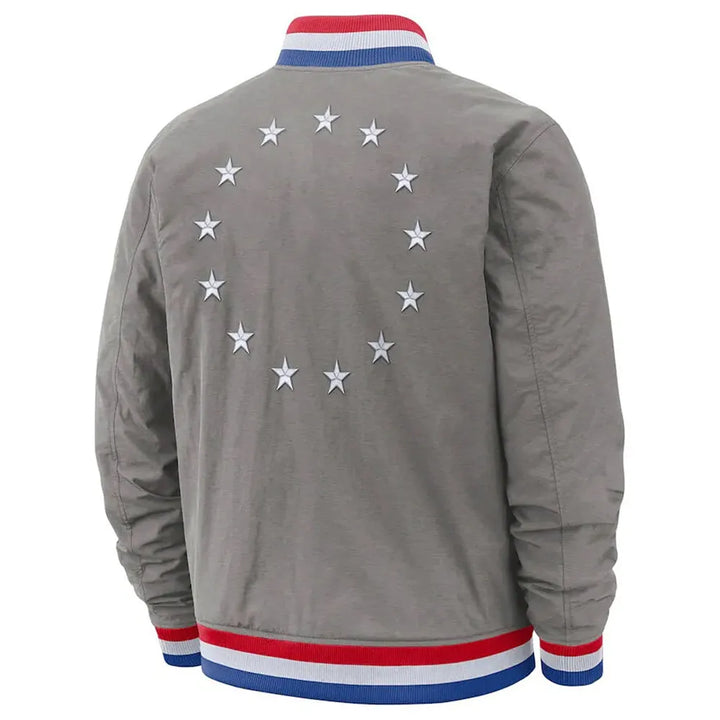 Back view NBA Philadelphia 76ers City Edition Courtside Gray Bomber Jacket