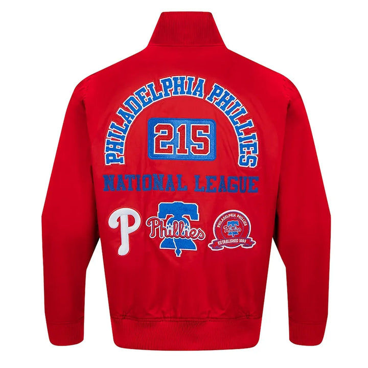 Red jacket with Philadelphia Phillies branding on a white background in United State Market