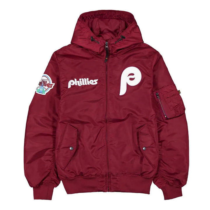 Red jacket with Phillies logo on a white background in USA