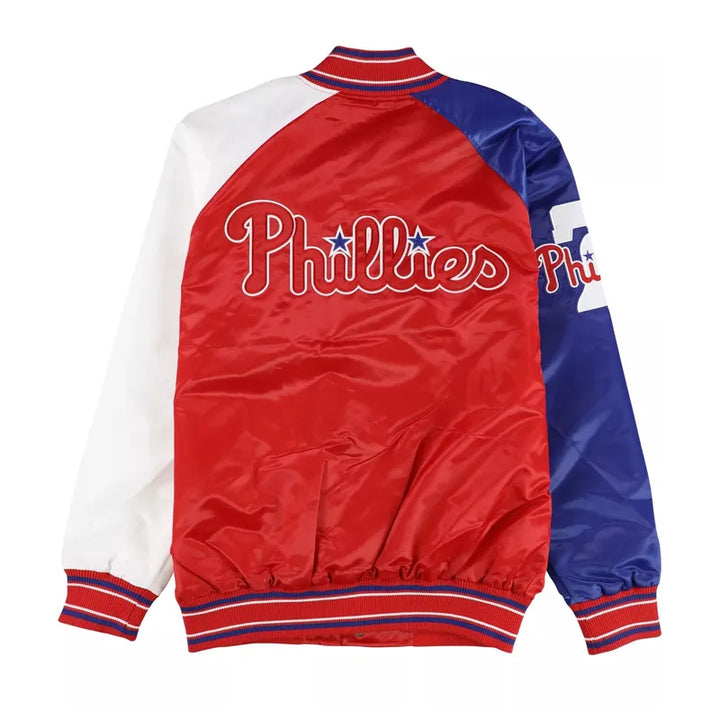 Red, white, and blue baseball jacket with 'Phillies' logo on a white background in USA