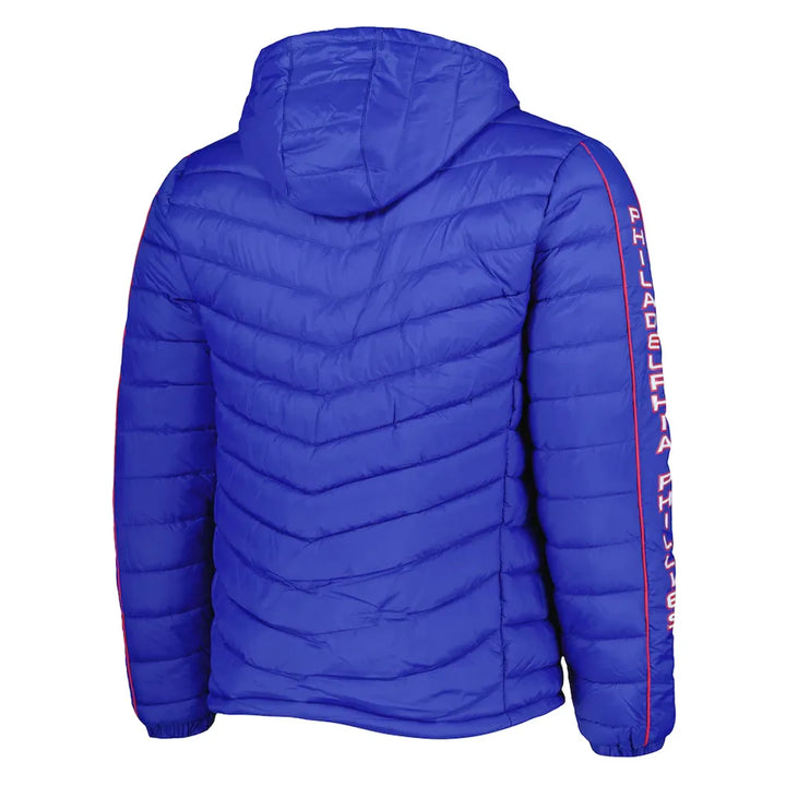 Blue puffer jacket with branding on sleeve against a white background in USA