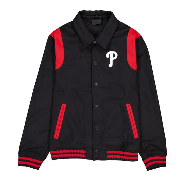 Black jacket with red accents and a white logo on a white background in USA
