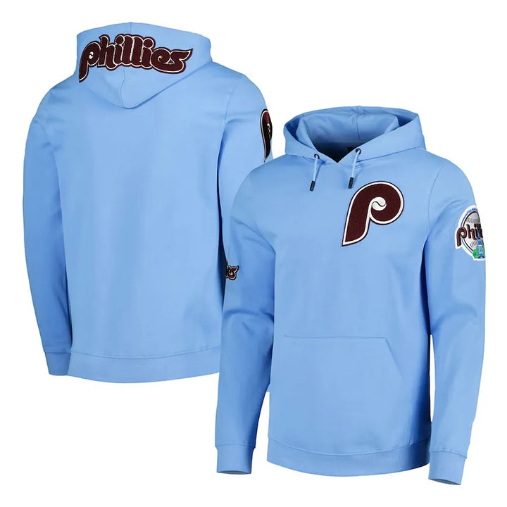 Light blue hoodie with Phillies logo on a white background in USA