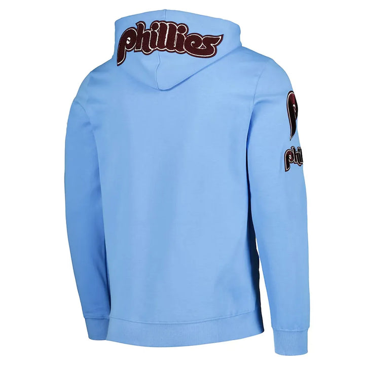 Light blue hoodie with 'Phillies' branding on the back and sleeve in France Style