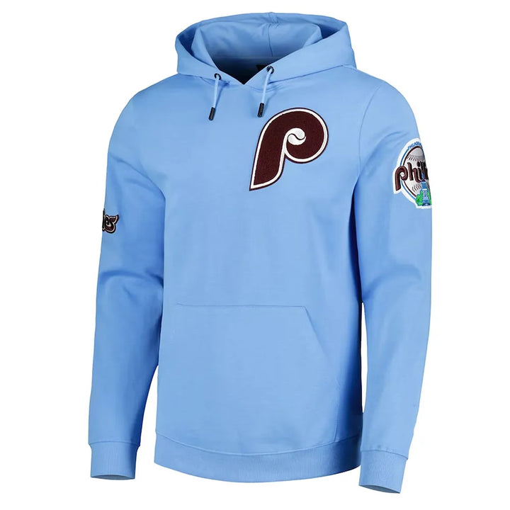 Light blue hoodie with a logo on the chest and sleeve, on a white background in UK