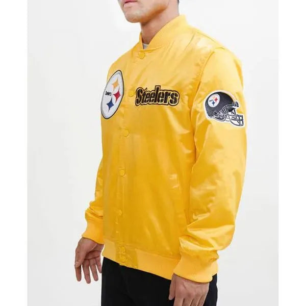 Steelers yellow satin jacket front view

