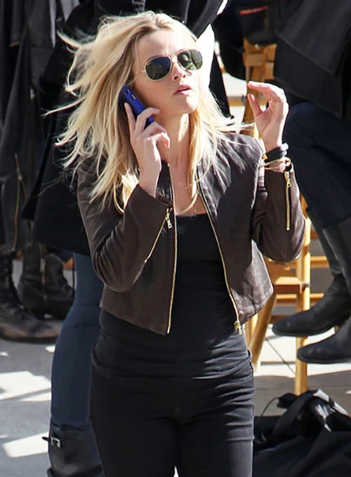 This Means War Reese Witherspoon black leather jacket in American style