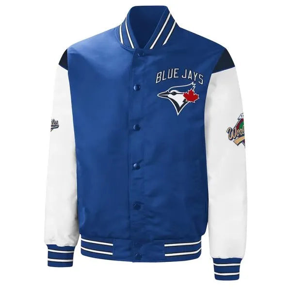 Blue and white jacket with 'Blue Jays' logo on a white background