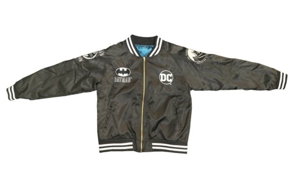 Sukajan DC Dark Knight Batman black satin jacket front view in USA