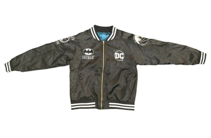 Sukajan DC Dark Knight Batman black satin jacket front view in USA