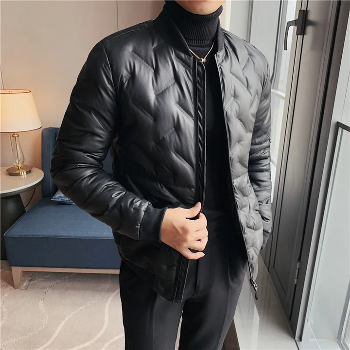 Men's black puffer winter jacket front view in USA