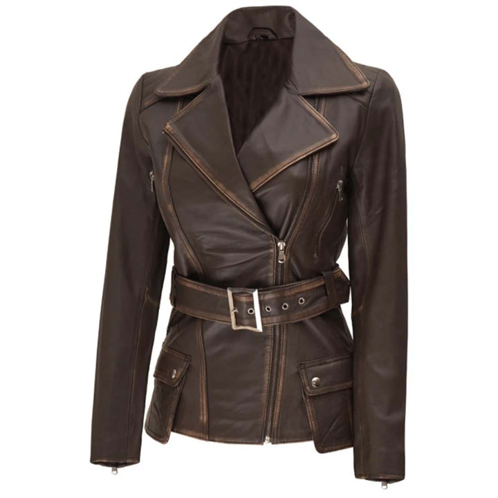 Distressed brown leather jacket for women in France style