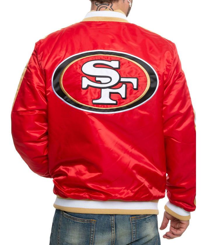 49ers San Francisco red satin jacket close-up in USA