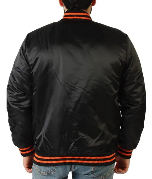 Black satin varsity jacket with Giants logo

